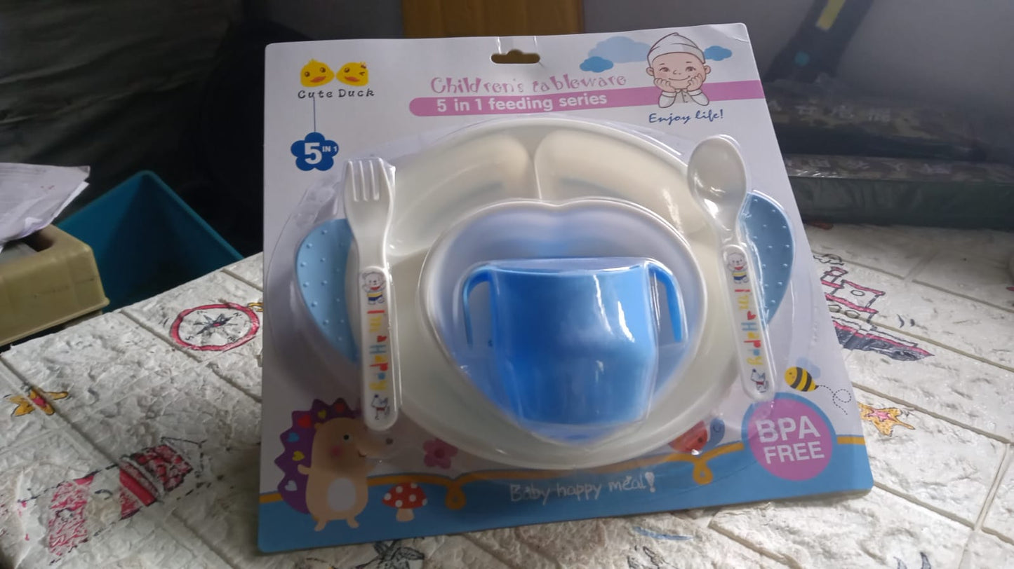5in1 Baby Feeding Set for Kids and Toddlers,Children Children Dinnerware Set - Feeding Set for Kids, Cartoon Design Plate, Cup, Spoon, Fork Tableware Cutlery for Kids Microwave & Dishwasher Safe (5 Pcs Set)