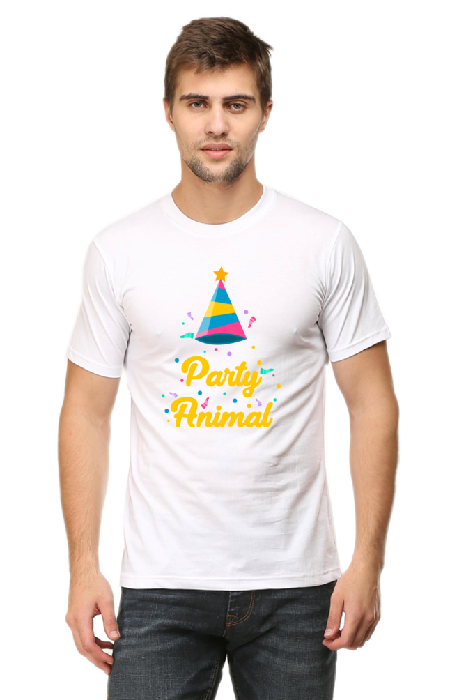 "Party Animal" Printed Unisex T-Shirt | Fun Party Hat & Confetti Graphic