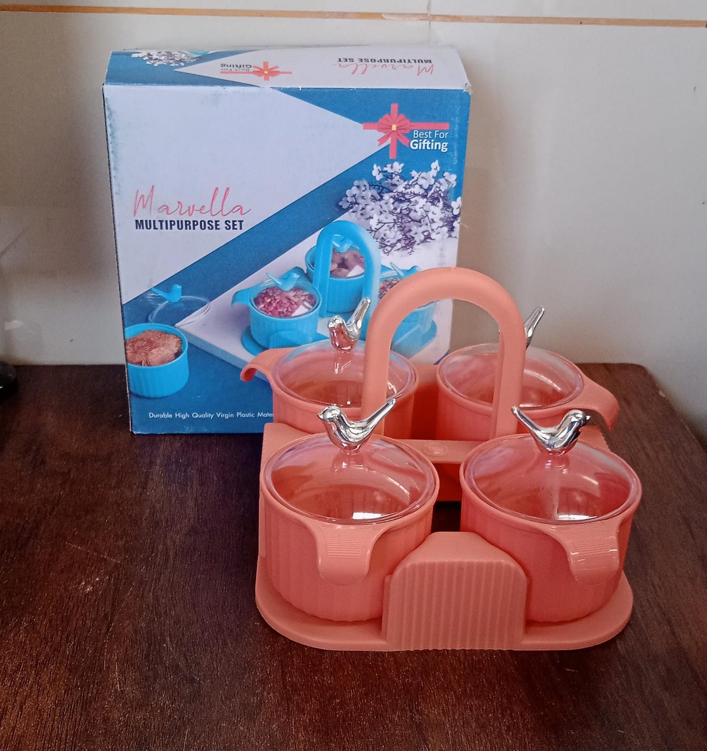 Multipurpose Silver Sparrow, Jar Dry fruit Set, for Home and Kitchen Airtight Dry Fruit Plastic Storage Container Tray Set With Lid & 4 Serving Jar Container for Sweets, Chips, Cookies | (4 Pc Set)