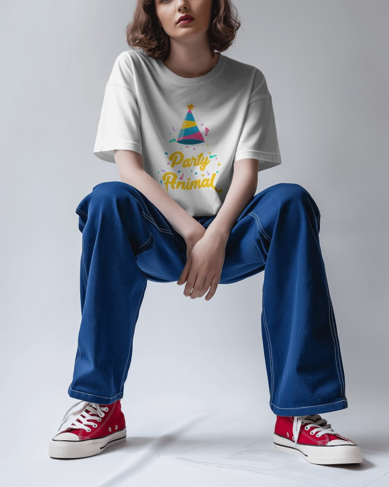 "Party Animal" Printed Unisex T-Shirt | Fun Party Hat & Confetti Graphic