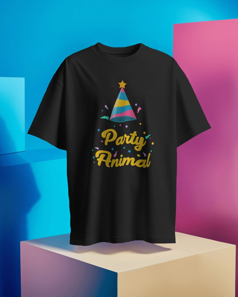"Party Animal" Printed Unisex T-Shirt | Fun Party Hat & Confetti Graphic