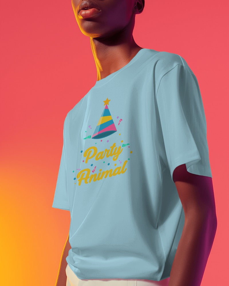 "Party Animal" Printed Unisex T-Shirt | Fun Party Hat & Confetti Graphic