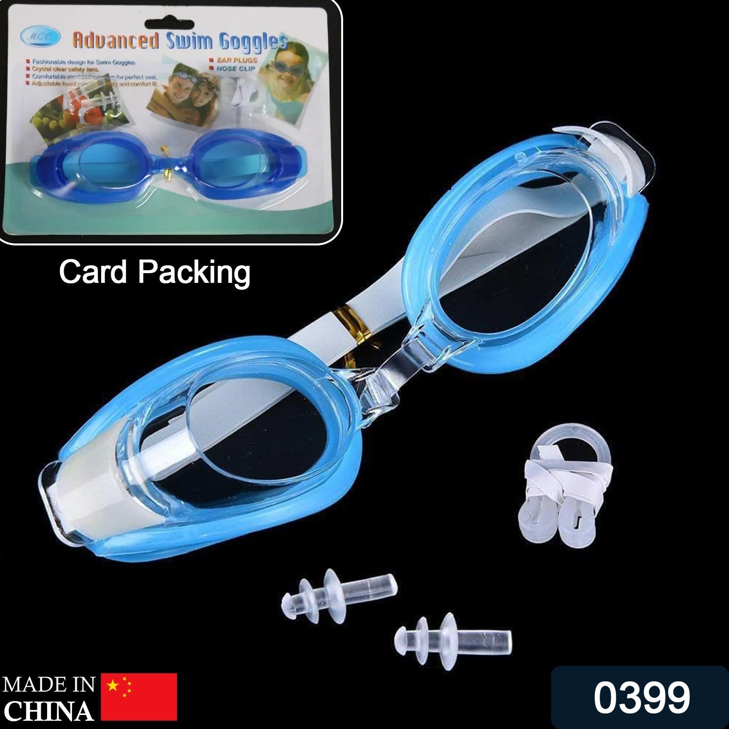 0399 Swimming Goggles With Ear And Nose Plug Adjustable Clear Vision Anti-Fog Waterproof