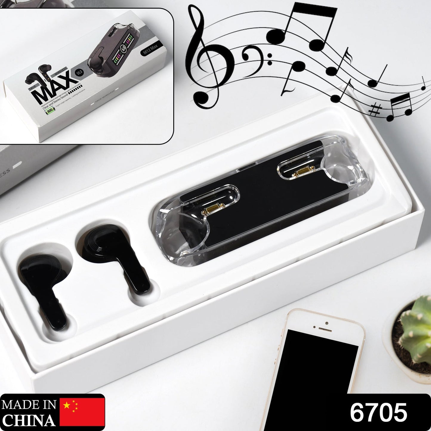 6705 Earphones, with touch control, Black Bluetooth M12 Max Wireless Technology Stereo Sound made with High-end Material