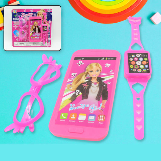 Barbiee Phone, Watch and Glasses Set for Girls, Beautiful Barbie Musical phone ABS Plastic Toy Battery Operated Barbie Glass | Musical Mobile Phone / Toddler / Toy Phone for Kids / Calling Toy Phone (3 Pcs Set, Battery Not Included)