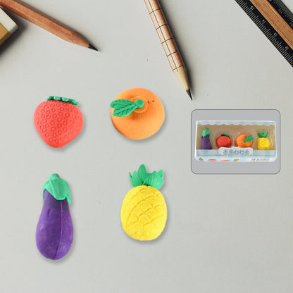 Mini Cute Vegetables and Fruits Erasers or Pencil Rubbers for Kids, 1 Set Fancy & Stylish Colorful Erasers for Children, Eraser Set for Return Gift, Birthday Party, School Prize, 3D Erasers (4 pc Set)