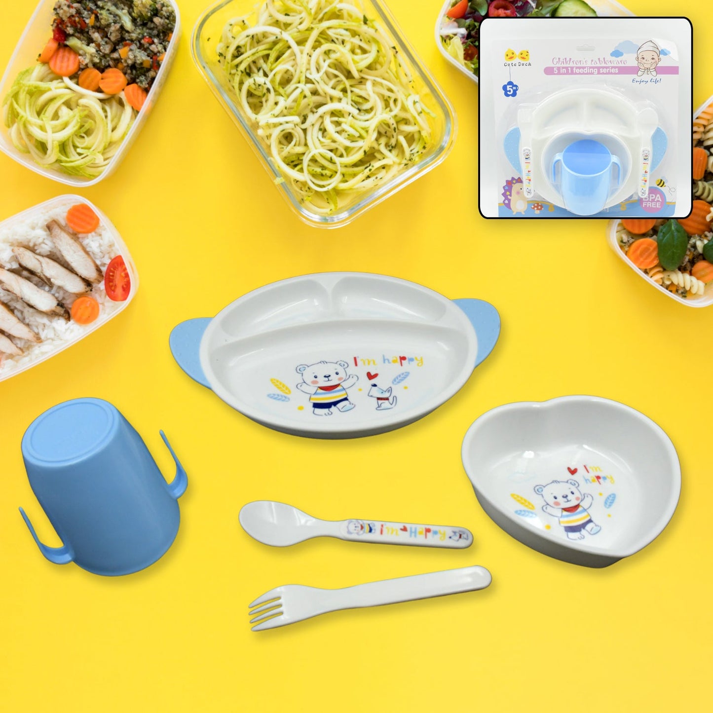 5in1 Baby Feeding Set for Kids and Toddlers,Children Children Dinnerware Set - Feeding Set for Kids, Cartoon Design Plate, Cup, Spoon, Fork Tableware Cutlery for Kids Microwave & Dishwasher Safe (5 Pcs Set)