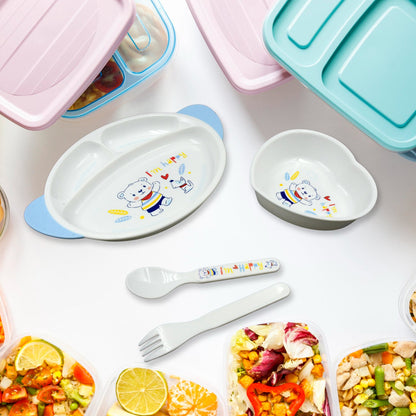5in1 Baby Feeding Set for Kids and Toddlers,Children Children Dinnerware Set - Feeding Set for Kids, Cartoon Design Plate, Cup, Spoon, Fork Tableware Cutlery for Kids Microwave & Dishwasher Safe (5 Pcs Set)
