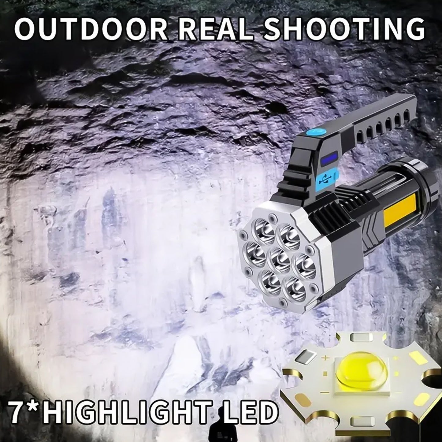 Portable Flashlight / Torch COB 7LED Hand Light USB Rechargeable Light with Side Light (1 Pc)