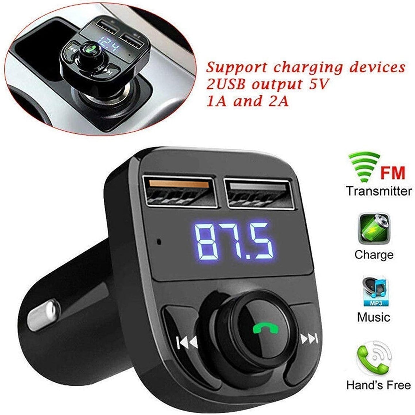 CAR-X8 Bluetooth FM Transmitter Kit for Hands-Free Call Receiver / Music Player / Call Receiver / Fast Mobile Charger Ports for All Smartphones with 3.1A Quick Charge Dual USB Car Charger