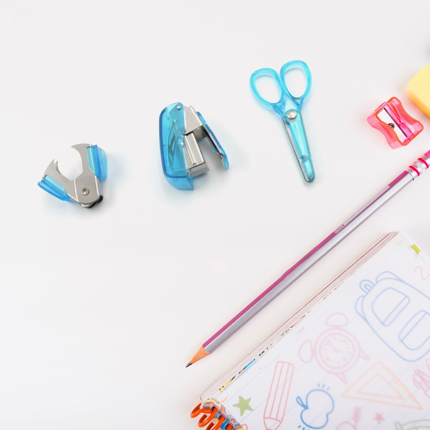 Mini Office Stationery Set - Stapler, Scissors, Paper Clips, Tape Dispenser, Transparent Tape, And Staples