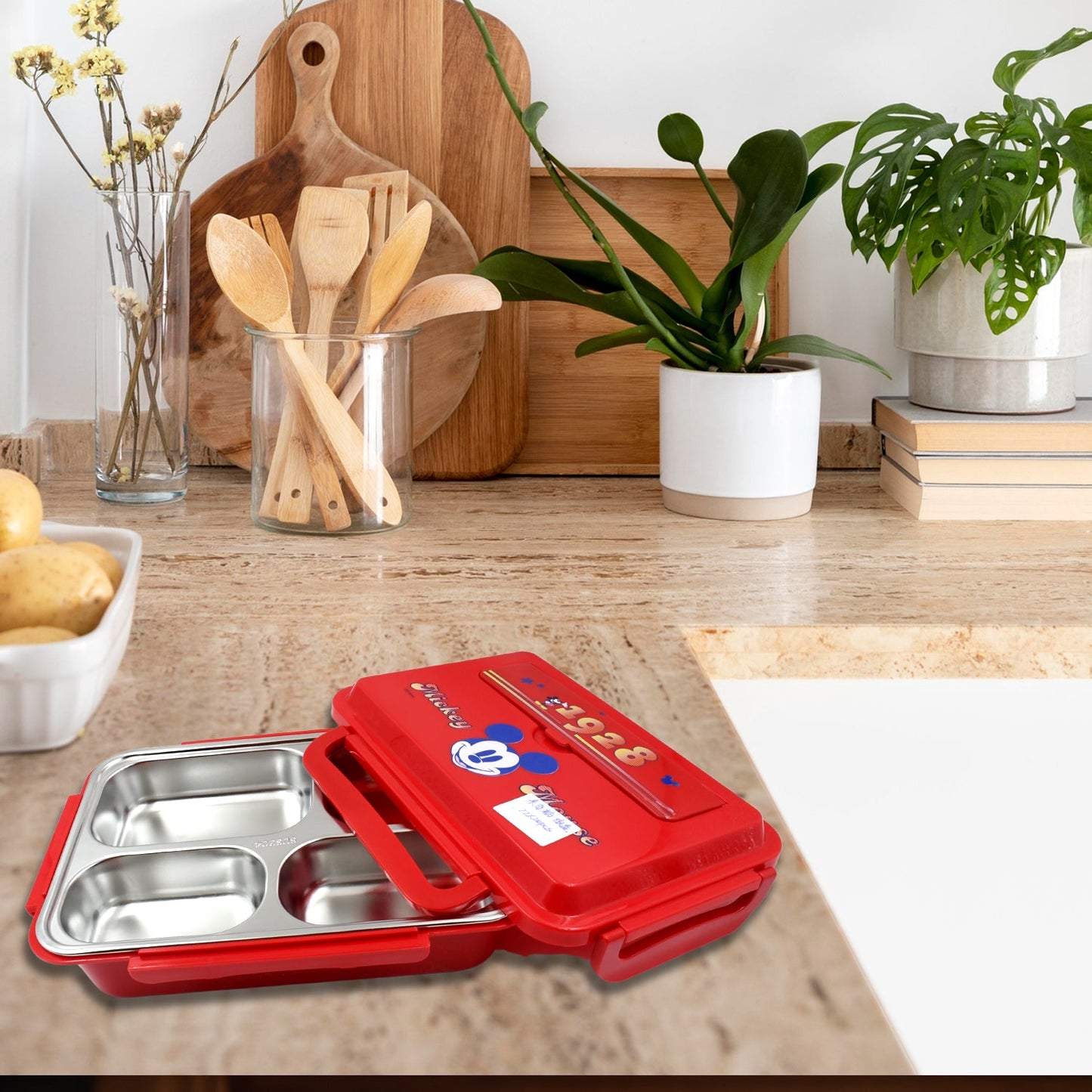 Cartoon Printed 4 Compartment Insulated Lunch Box Stainless Steel |Tiffin Box for Boys, Girls, School & Office Men for Microwave & Dishwasher & Freezer Safe Adult Children Food Container (1 Pc)