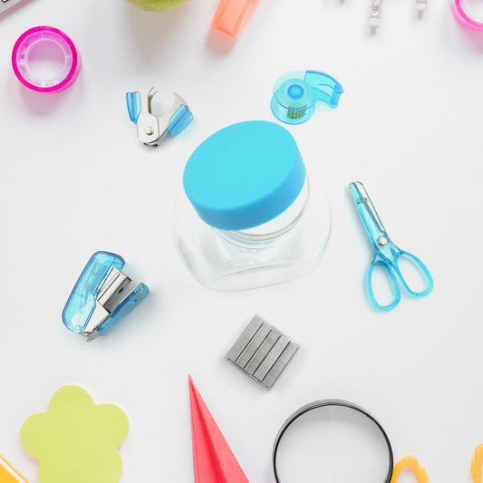 Mini Office Stationery Set - Stapler, Scissors, Paper Clips, Tape Dispenser, Transparent Tape, And Staples