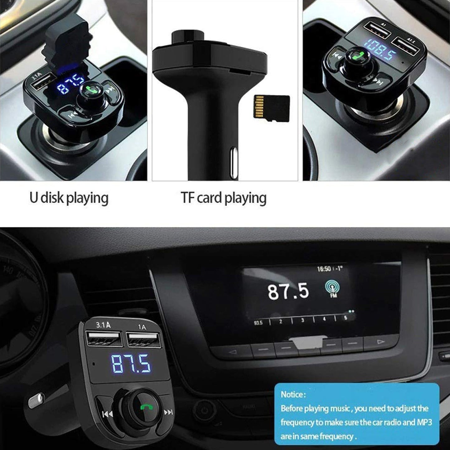 CAR-X8 Bluetooth FM Transmitter Kit for Hands-Free Call Receiver / Music Player / Call Receiver / Fast Mobile Charger Ports for All Smartphones with 3.1A Quick Charge Dual USB Car Charger