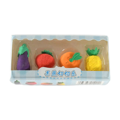 Mini Cute Vegetables and Fruits Erasers or Pencil Rubbers for Kids, 1 Set Fancy & Stylish Colorful Erasers for Children, Eraser Set for Return Gift, Birthday Party, School Prize, 3D Erasers (4 pc Set)