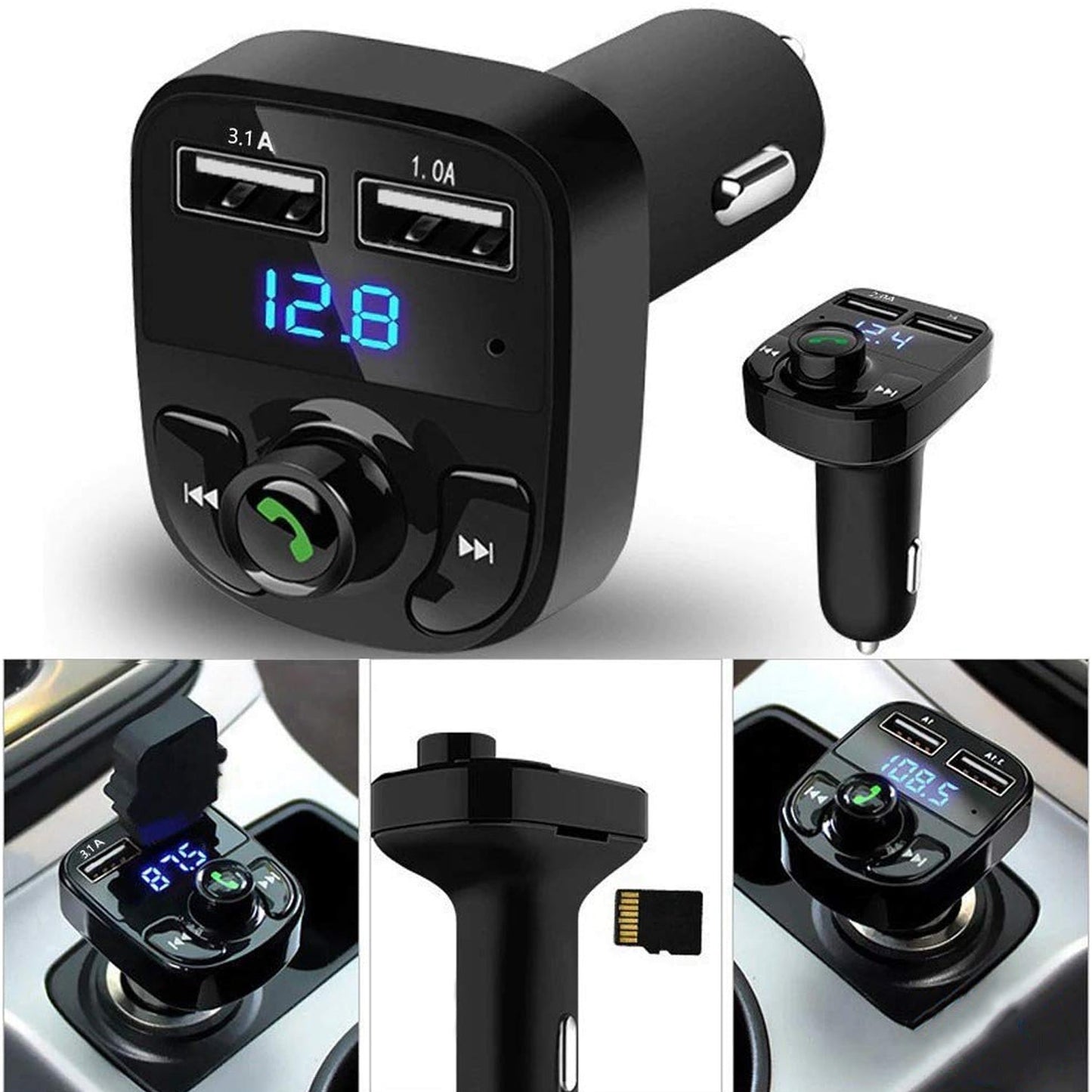 CAR-X8 Bluetooth FM Transmitter Kit for Hands-Free Call Receiver / Music Player / Call Receiver / Fast Mobile Charger Ports for All Smartphones with 3.1A Quick Charge Dual USB Car Charger