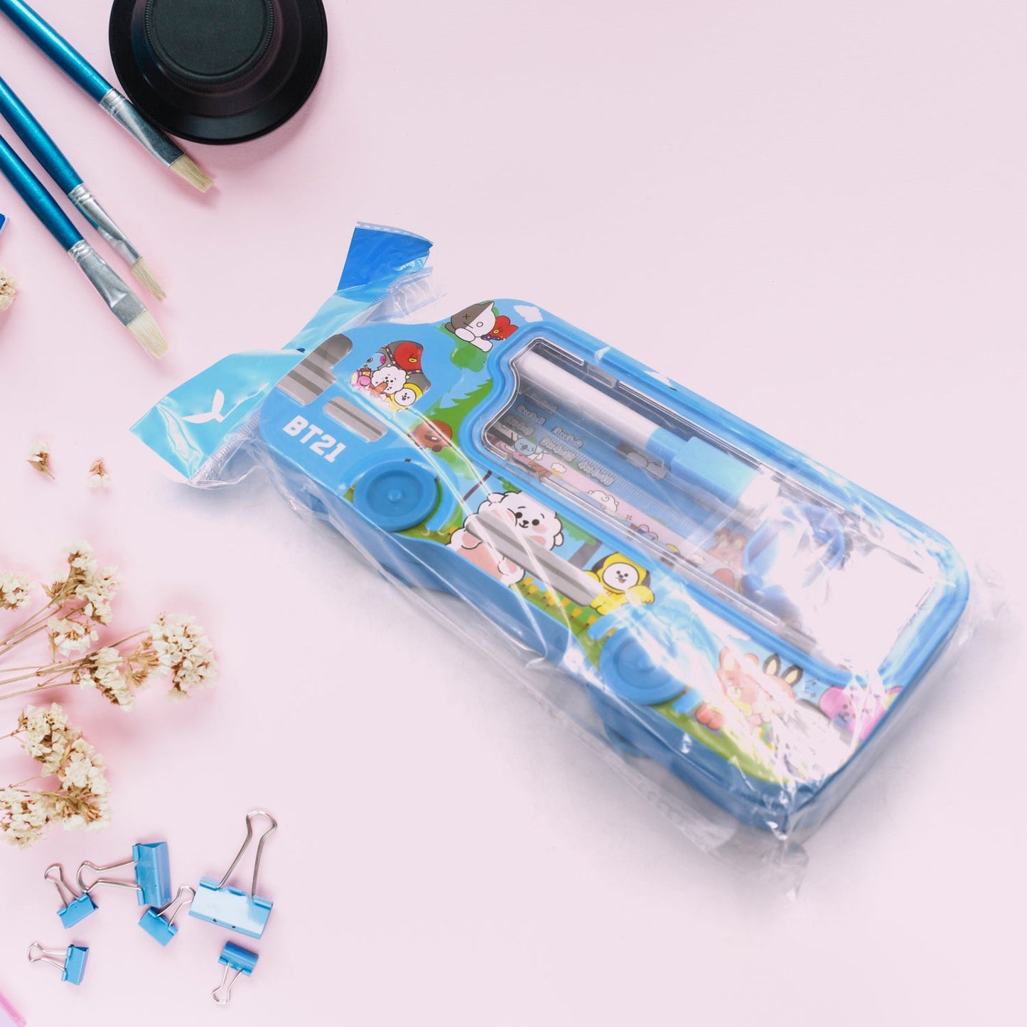 Bus Shape Compass Box for Boys, Kids School Accessories | Pencil Box with Wheels for Girls and Kids, String Operated Case Students School Supplies - Stationery Set Organizer Birthday Return Gift for Kids
