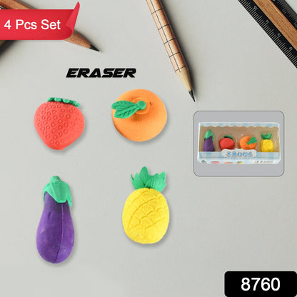 Mini Cute Vegetables and Fruits Erasers or Pencil Rubbers for Kids, 1 Set Fancy & Stylish Colorful Erasers for Children, Eraser Set for Return Gift, Birthday Party, School Prize, 3D Erasers (4 pc Set)