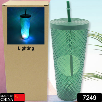 Cup with Straw & LED Lighting Reusable Matte Studded Tumbler with Leak Proof Lid Water Cup Travel Mug Coffee Ice Water Bottle Double Walled Insulated Tumbler BPA Free (1 Pc)