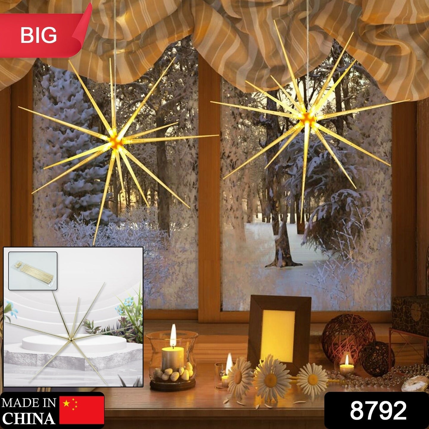3D Gold Star Hanging Decoration Star, Acrylic Look Hanging Luminous Star for Windows, Home, Garden Festive Embellishments for Holiday Parties Weddings Birthday Home Decoration (Big)