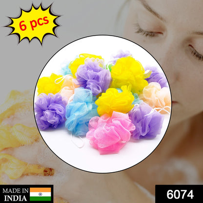 6074 Bath Shower Loofah Sponge Pouf Body Scrubber (Pack of 6Pcs)