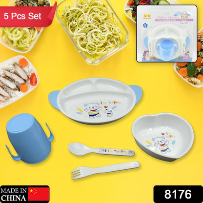 5in1 Baby Feeding Set for Kids and Toddlers,Children Children Dinnerware Set - Feeding Set for Kids, Cartoon Design Plate, Cup, Spoon, Fork Tableware Cutlery for Kids Microwave & Dishwasher Safe (5 Pcs Set)