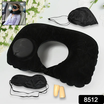 8512 3 in 1 Comfortable Travel Sleeping Kit, Neck Pillow, Eye Mask & Ear Plug Set Inflatable Plane Sleeping Pillow Head Neck Support Pillows for Travel Airplane Office, Black
