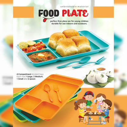2037 4Compartment Dish with Spoon and Fork(2 Dish Set with 1Spoon and 1Fork) Dinner Plate Plastic Compartment Plate Pav Bhaji Plate 4-Compartments Divided Plastic Food Plate.