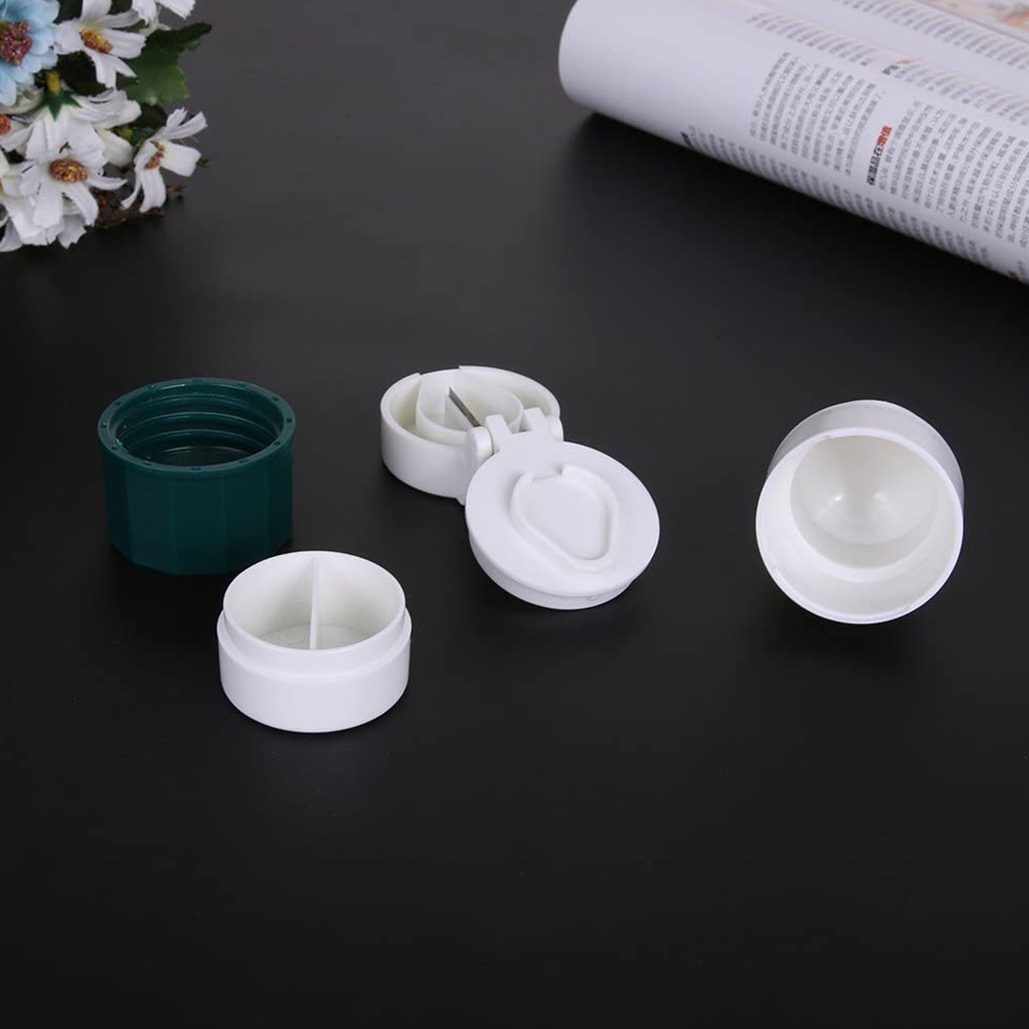 6076 4-in-1 Layer Multipurpose Plastic Portable Pocket Size Tablet Medicine Cutter Divider with Partitioned Storage and Crusher Grinder Powder