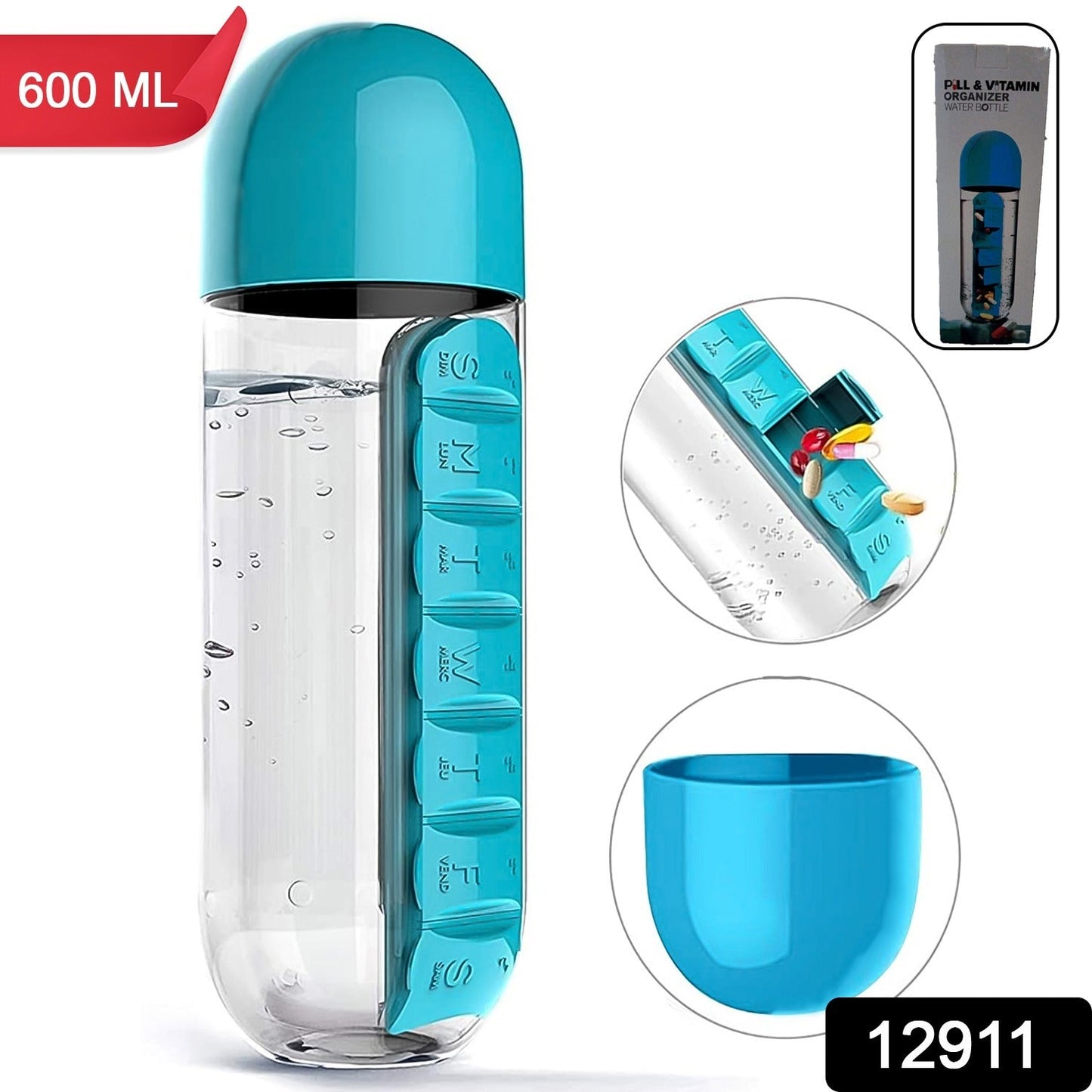 Pill & Vitamin Bottle, Water Bottle Multi Functional Use for Traveling & Outdoor Use Water Bottle, Travelling kit, Summer Special Bottle (600 Ml / Mix Color )