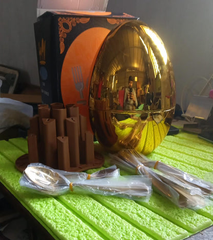 Premium Cutlery Set 24 Pcs with Oval Shaped Stand | Beautiful Stylish Oval Designed Cutlery Sets, Egg-Shaped Luxury Spoon Holder Set (Golden / 24 pcs set)