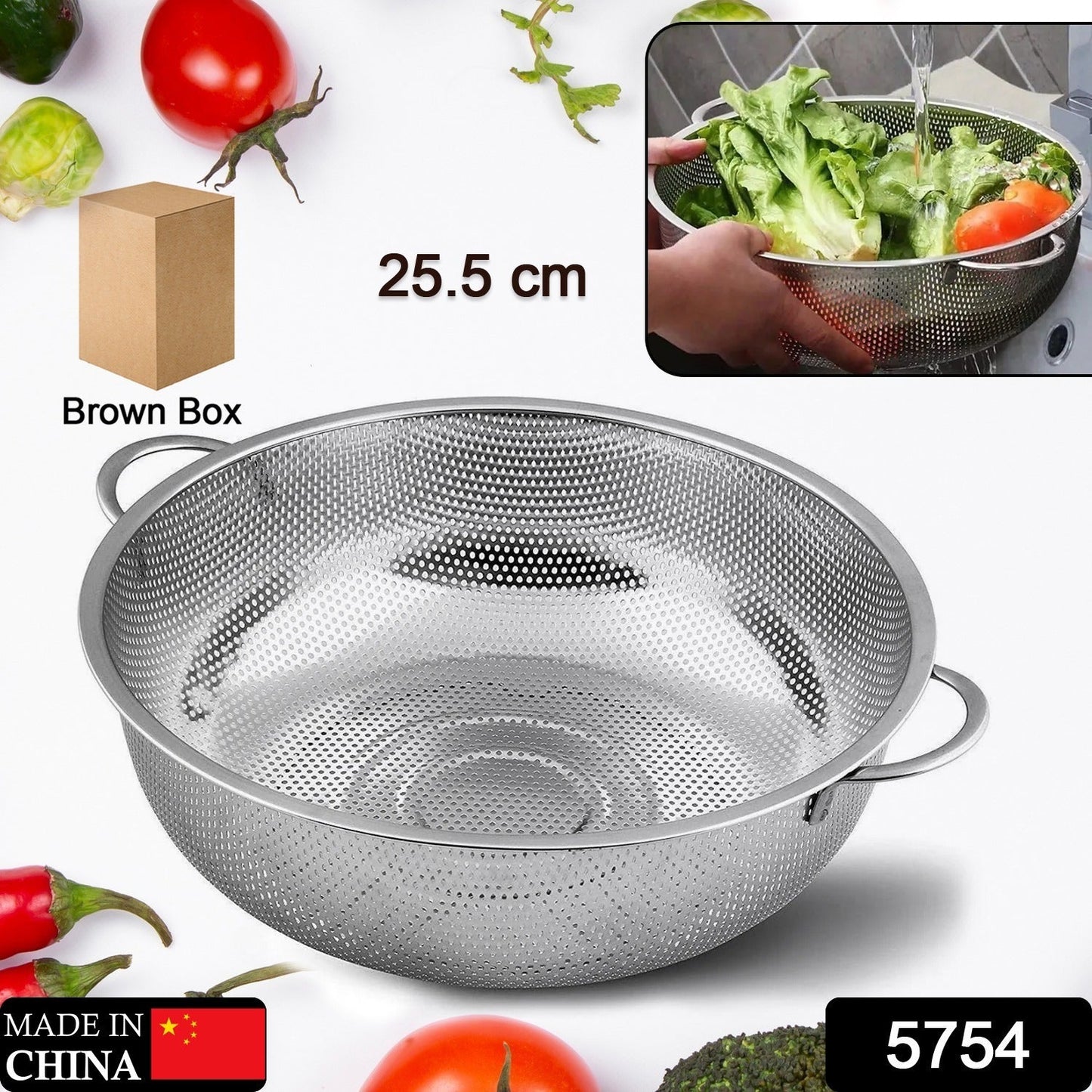 Stainless Steel Colander with Handle, Large Metal Mesh Basket Strainer for Pasta, Spaghetti, Berry, Veggies, Fruits, Kitchen Food Colander, Dishwasher Safe (1 pc / 25.5 cm)