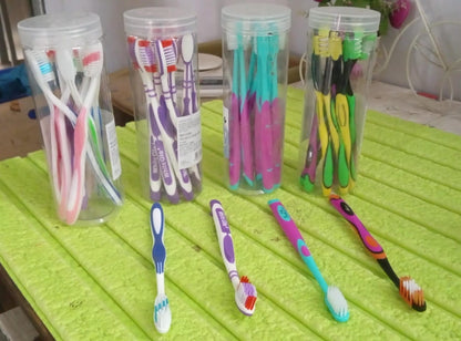 Soft Toothbrush With Plastic Round Box (10 pcs Set / Mix Color)