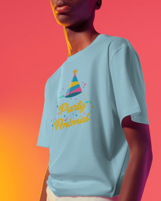 "Party Animal" Printed Unisex T-Shirt | Fun Party Hat & Confetti Graphic