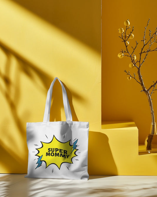 "Super Mommy" White Tote Bag | Comic Style Print | Durable & Spacious
