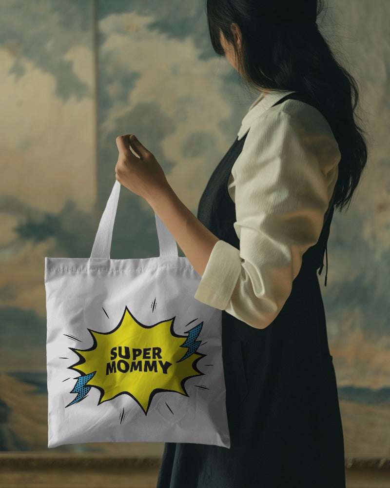 "Super Mommy" White Tote Bag | Comic Style Print | Durable & Spacious